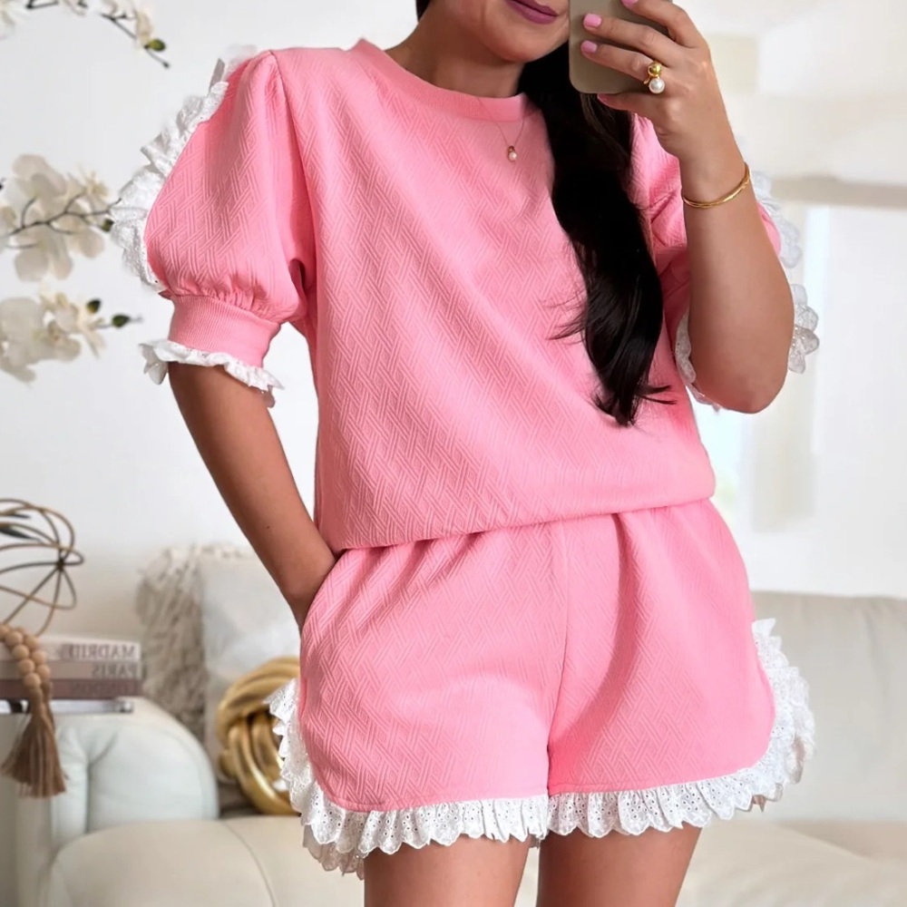 Pink Lace Frilly Eyelet Trim Set